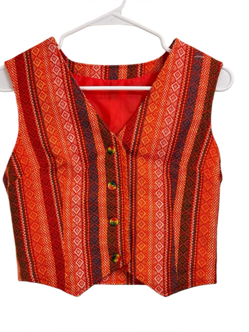 Handwoven Tapestry Orange Stripe Ethnic Boho Hippie Vest Rainbow Buttons XS/S